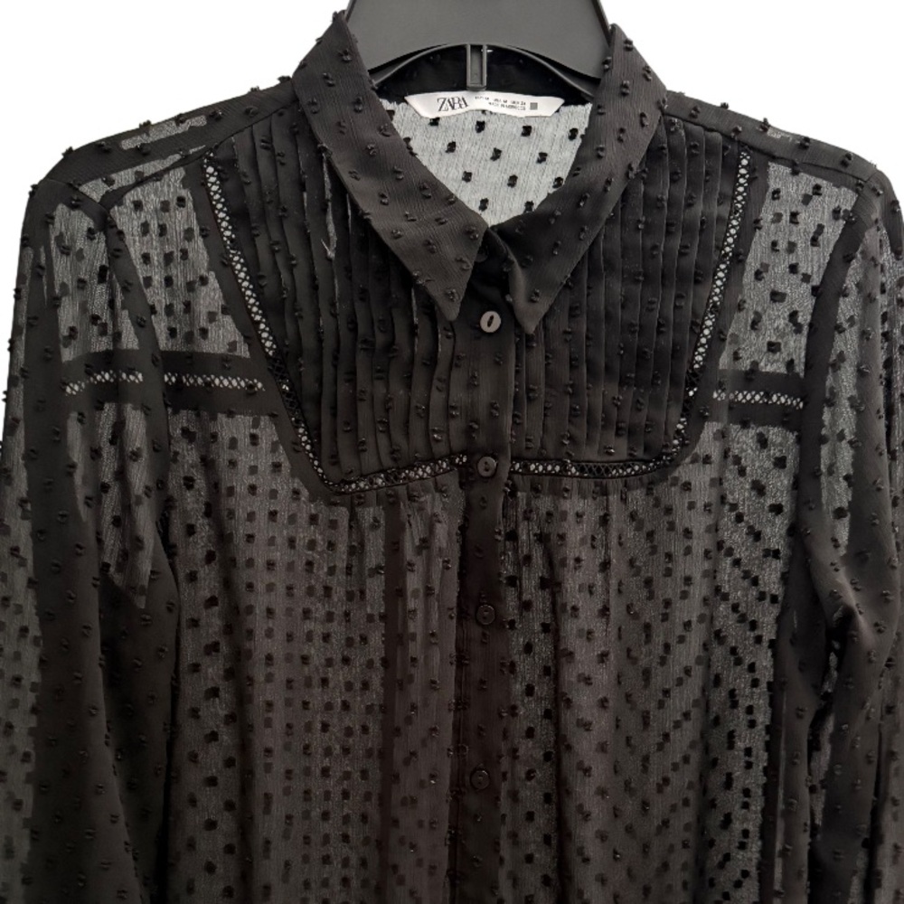 ZARA Black Sheer Swiss Dot Button Up Blouse Size M - Picture 4 of 6